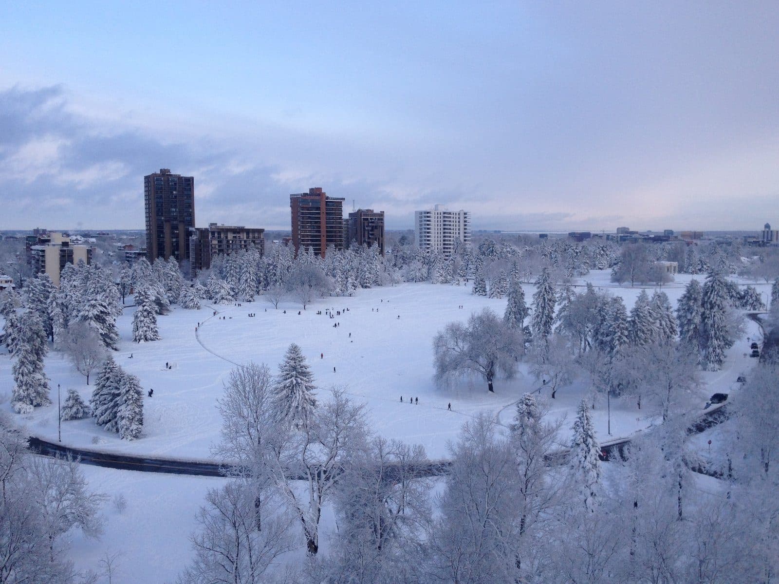 Cheesman Park under fresh snow, with people walking and the Capitol Hill skyline behind