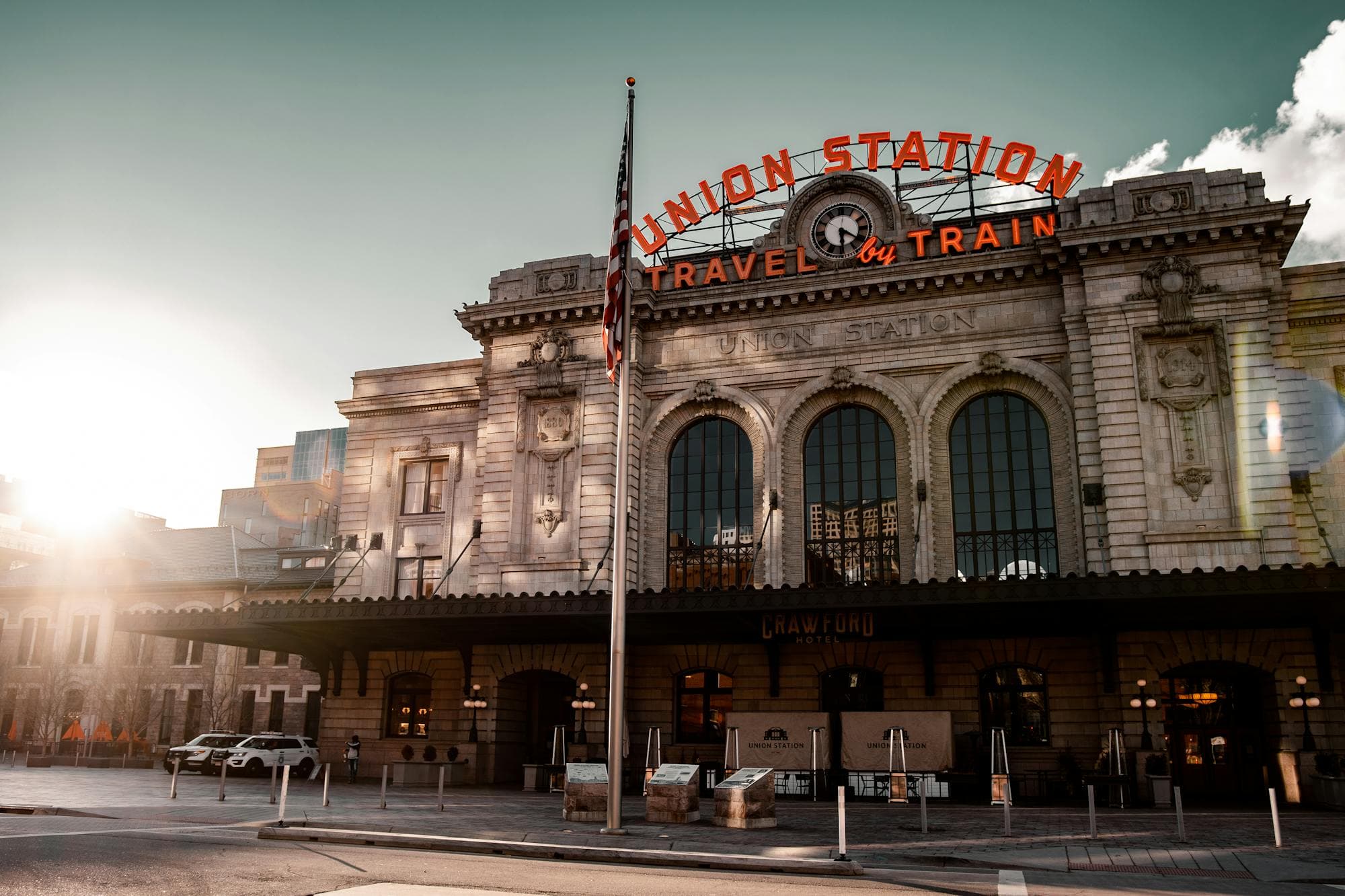 Denver's historic Union Station, the downtown transit hub, in afternoon light