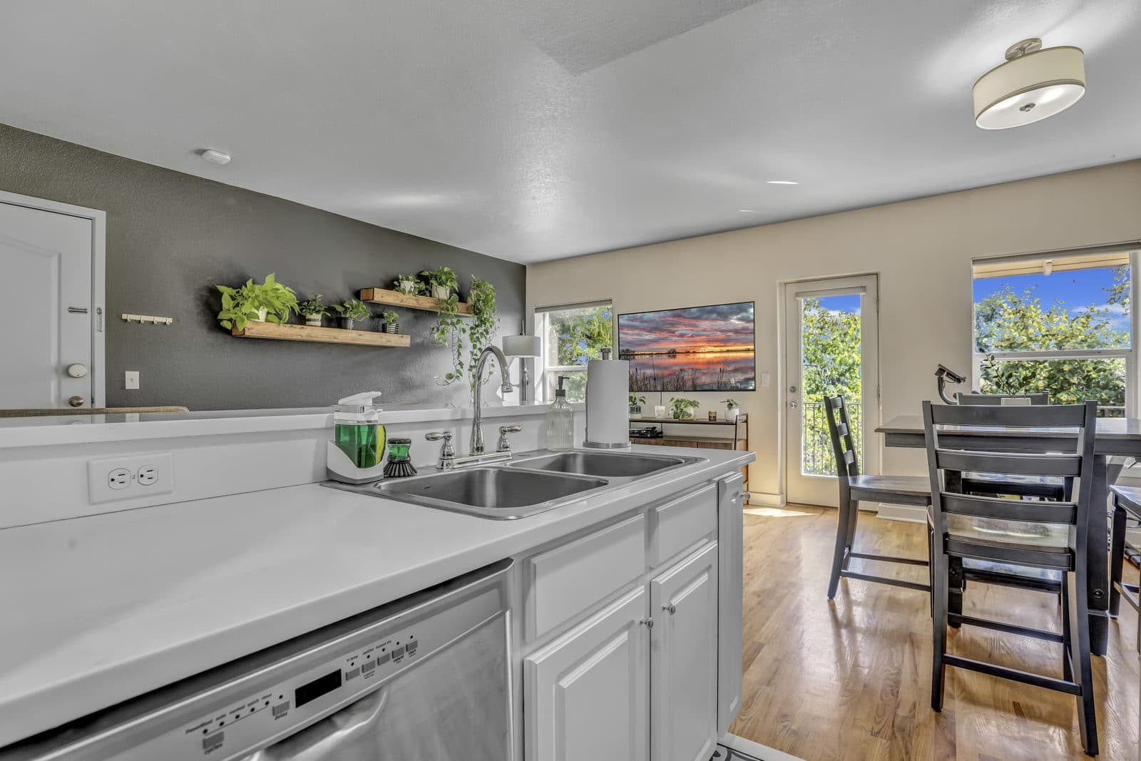 Kitchen sink and dishwasher with a view through to the living room and balcony